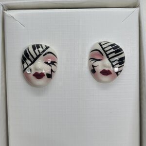 Vintage Fancy Faces Hand Painted Porcelian Piano Keys Music Note Stud Earrings